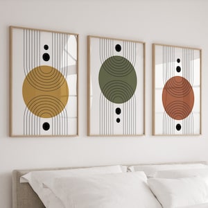 Set di 3 stampe da parete Boho nei toni della terra, stampe e poster di metà secolo, 3 pezzi di arte da parete, trittico per soggiorno, opera d'arte verde senape e arancione