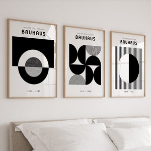 Conjunto de pôsteres Bauhaus, conjunto de 3 gravuras modernas de meados do século em preto e branco, tríptico para sala de estar, conjunto de 3 peças de arte de parede, arte para sala de jantar