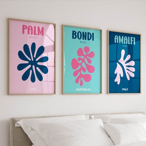 Set of 3 Travel Art Prints, Preppy Wall Art, Colorful Prints Blue & Pink Wall Art, Trendy Aesthetic Posters, Gallery Wall Set, Girly Art
