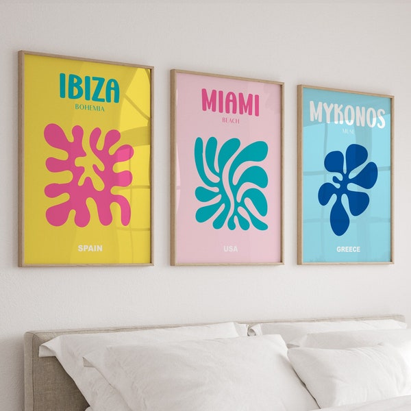 Lot de 3 affiches d'art murales de voyage, impressions d'art preppy colorées, 3 pièces d'art mural d'été, triptyque Mykonos Ibiza Miami, art rose bleu jaune