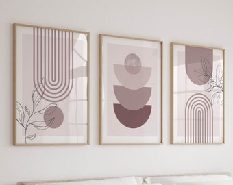 3 Piece Mauve Wall Art, Mid Century Modern Posters and Prints, Boho Botanical Wall Art, Purple Wall Art, Scandinavian Art Prints Home Decor