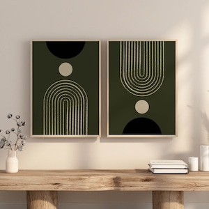 Set of 2 Mid Century Modern Wall Art Prints, Dark Green Japandi Wall Art for Bedroom, Living Room or Apartment Decor, Olive Green Diptych