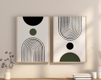 Set of 2 Wall Art Posters for Mid Century Modern Home Decor, Dark Sage Green Art Prints, Boho Bedroom, Living Room or Apartment Diptych Art