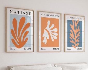 Set of 3 Matisse Prints, Colorful Wall Art in Orange and Blue, Mid Century Modern Decor, Living Room Posters Bedroom Decoration Triptych