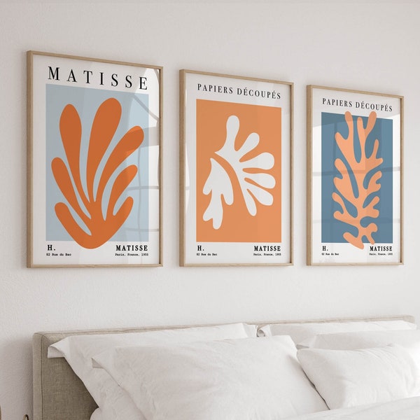 3er Set Matisse Prints, Bunte Wandkunst in Orange und Blau, Mid Century Modern Dekor, Wohnzimmer Poster Schlafzimmer Dekoration Triptychon