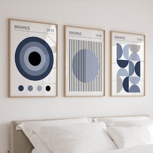 Bauhaus muurkunst set van 3 posters, moderne prints uit het midden van de eeuw in blauw, drieluik uit het midden van de eeuw, Bauhaus muurkunst set met 3 panelen, woonkamerkunst