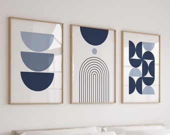 Mid Century Modern Wall Art Print Set of 3 Blue and - Etsy
