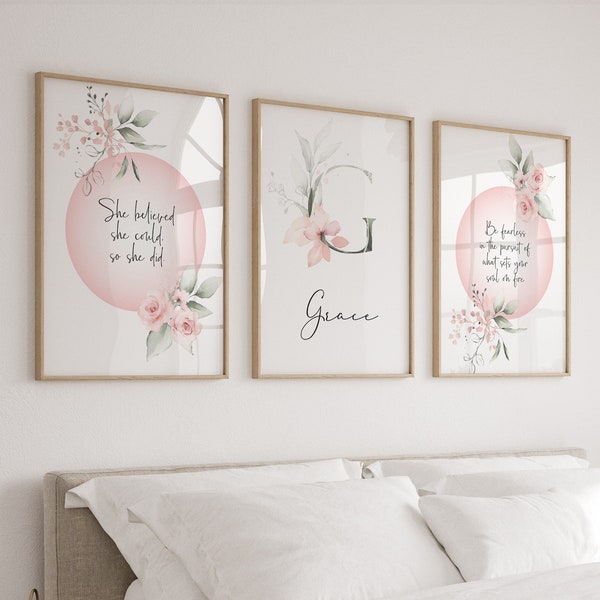 Personalised Wall Art for Girls, Set of 3 Posters and Prints with Custom Name, Initial and Quotes, Inspirational Gifts, Pink Coquette Room