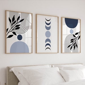 Set of 3 Boho Wall Art in Blue, Botanical Posters and Prints, Mid Century Modern Room Decor, Living Room Triptych Artwork, 3 Piece Gallery