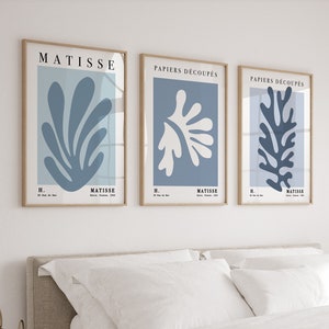 Set van 3 blauwe Matisse-prints, pastelblauwe muurkunst, kamerdecoratie, drieluik muurkunst, 3-delige tentoonstellingsposter abstracte kunst, appartementdecor