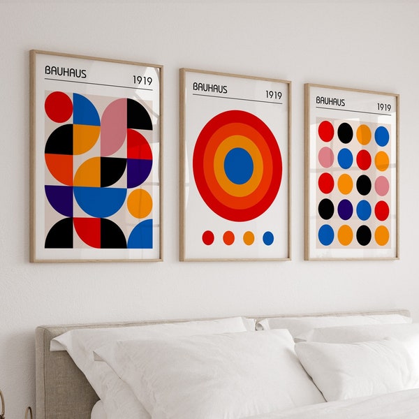 Set van 3 Bauhaus-posters, moderne 3-delige muurkunst uit het midden van de eeuw, Scandinavische kunst, drieluik uit het midden van de eeuw, Bauhaus-muurkunstset, woonkamerkunst