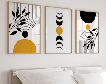 Set of 3 Boho Wall Art, 3 Panel Mid Century Wall Art in Mustard Yellow, Botanical Prints, Living Room Triptych Art, Boho Home Decor