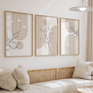 Neutralne wydruki ścienne do nowoczesnego, minimalistycznego wystroju domu, zestaw 3 plakatów boho botanicznych, tryptyk w beżowym kolorze do salonu, sypialni i biura