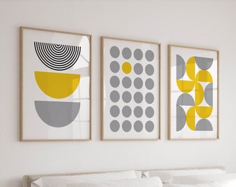 Set of 3 Wall Art Prints, 3 Piece Yellow & Grey Triptych Artwork, Modern Posters and Prints, Living Room Bedroom Wall Art, Gifts for Home