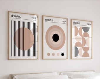 Bauhaus Poster Set of 3, Mid Century Modern Wall Art in Neutral Nude Tones, Living Room Triptych Artwork, Trendy Contemporary Prints Bedroom