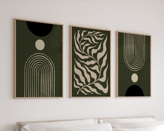 Bedroom Wall Art Posters, Set of 3 Mid Century Modern Prints Olive Green & Beige, Living Room Artwork, Moody Triptych, Retro Matisse Cutouts