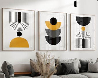 Set of 3 Mid Century Modern Wall Art Prints in Mustard Yellow, Abstract Wall Art, Large 3 Piece Wall Art, Triptych Posters and Prints