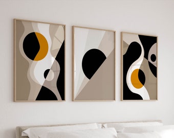 Funky Abstract Wall Art in Neutral Black Mustard, Set of 3 Wall Art Prints, Neutral Decor, Large Living Room Art Triptych Mustard Beige