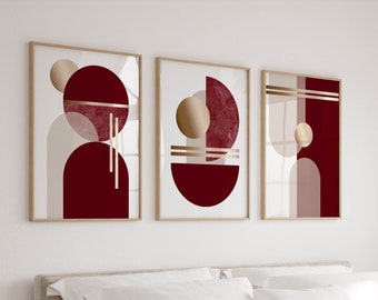 Bedroom Wall Art Posters in Burgundy Red and Beige, Set of 3 Mid Century Modern Prints, Living Room, Kitchen Triptych, Contemporary Artwork