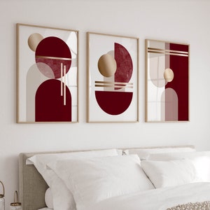 Poster da parete per camera da letto in rosso bordeaux e beige, set di 3 stampe moderne di metà secolo, soggiorno, trittico da cucina, opera d'arte contemporanea