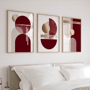 Bedroom Wall Art Posters in Burgundy Red and Beige, Set of 3 Mid Century Modern Prints, Living Room, Kitchen Triptych, Contemporary Artwork