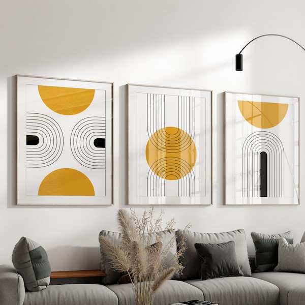 Lot de 3 impressions d'art moderne Mid-Century, mur de la galerie du salon, ensemble d'affiches minimalistes jaune moutarde, triptyque géométrique, décoration d'intérieur