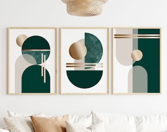 Set of 3 Emerald Green and Beige Wall Art, Geometric 3 Piece Wall Art, Abstract Art, Canvas Prints, Dining Room triptych Wall Art Decor