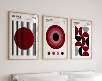 Bauhaus Wall Art Posters in Burgundy Red, Set of 3 Mid Century Modern Prints, Living Room Triptych, Gifts for Home Decor, Office Artwork