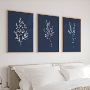 Navy Blue Bedroom Wall Art, Set of 3 Minimalist Botanical Prints ...