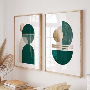 Set of 2 Emerald Green and Beige Wall Art, Mid Century Modern Posters and Prints, Scandinavian 2 Piece Wall Art, Living Room Diptych Art