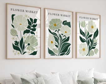 Flower Market Prints - Set of 3 Sage Green Wall Art Botanical Posters, Retro Mid-Century Modern Home Decor, Trendy Apartment Decor Triptych