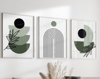 Art mural 3 pièces en vert sauge, tirages d’art mural modernes du milieu du siècle, ensemble de 3 tirages Boho, triptyque 50x70 cm, art du salon, ensemble d’art A3