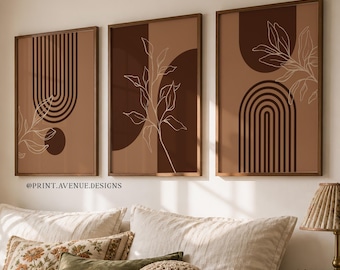 Brown Mid Century Modern Wall Art Set of 3, Botanical Geometric Prints