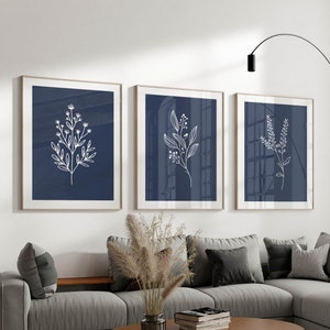 Navy Blue Bedroom Wall Art, Set of 3 Minimalist Botanical Prints ...