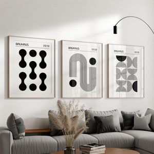Bauhaus Poster Set of 3, Trendy Mid Century Modern Wall Art, 3 Piece Wall Art in Black & White, Retro Prints, Exhibition Posters and Prints
