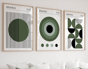 Bauhaus Poster Set, Set of 3 Mid Century Modern Prints in Olive Green, Mid Century Triptych, Bauhaus 3 Piece Wall Art Set, Living Room Art