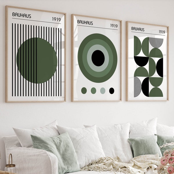 Ensemble d'affiches Bauhaus, ensemble de 3 estampes modernes du milieu du siècle en vert olive, triptyque du milieu du siècle, ensemble de 3 oeuvres d'art mural Bauhaus, oeuvre d'art de salon