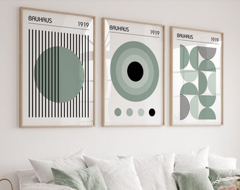 Bauhaus Poster Set in Sage Green, Set of 3 Mid Century Modern Prints, Trendy Living Room Triptych, Bauhaus 3 Piece Wall Art Set, Bedroom Art