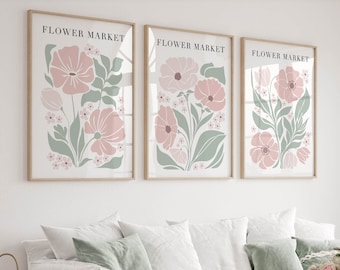 Flower Market Prints - Set of 3 Blush Pink Sage Green Wall Art Botanical Posters, Retro Mid Century Modern Decor, Trendy Apartment Triptych