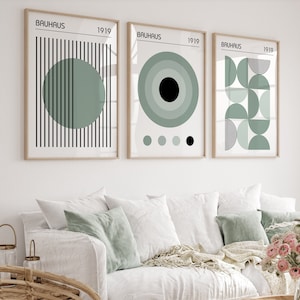 Bauhaus Poster Set in Sage Green, Set of 3 Mid Century Modern Prints, Trendy Living Room Triptych, Bauhaus 3 Piece Wall Art Set, Bedroom Art