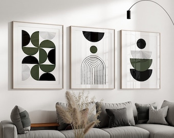 Set of 3 Living Room Wall Art, Mid Century Modern Posters and Prints in Dark Olive Green, Large Bedroom Triptych Artwork, Apartment Decor