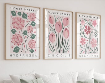 Set of 3 Flower Market Prints, 3 Piece Dusty Pink Wall Art, Botanical Art Prints & Posters, Vintage Retro Floral Gallery Wall Art Pink Green