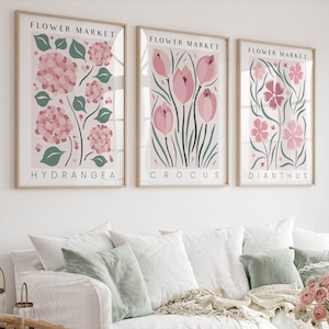 Lot de 3 impressions marché aux fleurs, 3 pièces d'art mural rose poudré, impressions d'art botaniques et affiches, art mural galerie de fleurs rétro vintage rose vert