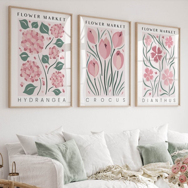 Set of 3 Flower Market Prints, 3 Piece Dusty Pink Wall Art, Botanical Art Prints & Posters, Vintage Retro Floral Gallery Wall Art Pink Green