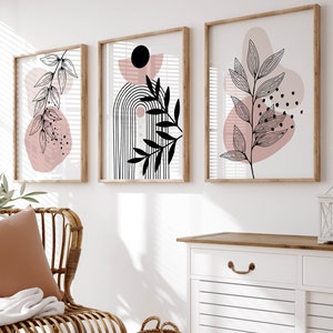 3 Piece Pink Wall Art, Boho Posters Set, Botanical Wall Art, Abstract Mid Century Modern Art, Set of 3 Prints, Pink Home Decor, Living Room