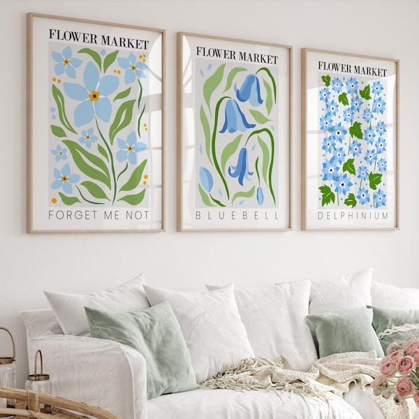 Blauer Blumenmarkt Print-Set, 3er-Set Wandkunst, Blumentriptychon, botanische Drucke und Poster, trendige Vintage-Wandkunst, Wohnzimmerkunst