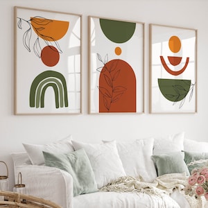 Boho Wall Art Prints, Set of 3 Wall Prints, Mid Century Posters, Green & Orange Prints, Orange Wall Art, 3 Panel Wall Art, Boho Wall Decor