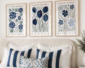 Framed Flower Market Art Prints in Navy Blue, Set of 3 Botanical Wall Art Prints & Posters, Vintage Retro Floral Gallery Wall Art