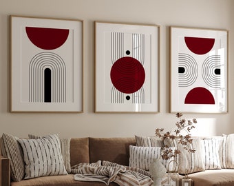 Set of 3 Mid Century Modern Wall Art Prints in Dark Burgundy Red, Large 3 Piece Wall Art, Triptych Posters and Prints, Scandinavian Prints