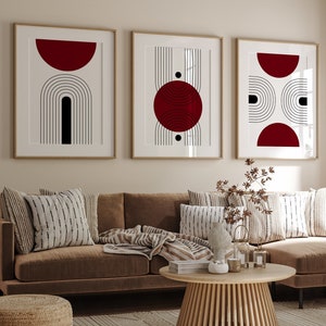 Set van 3 moderne muurkunstprints uit het midden van de eeuw in donker bordeauxrood, grote 3-delige muurkunst, drieluikposters en prenten, Scandinavische prenten